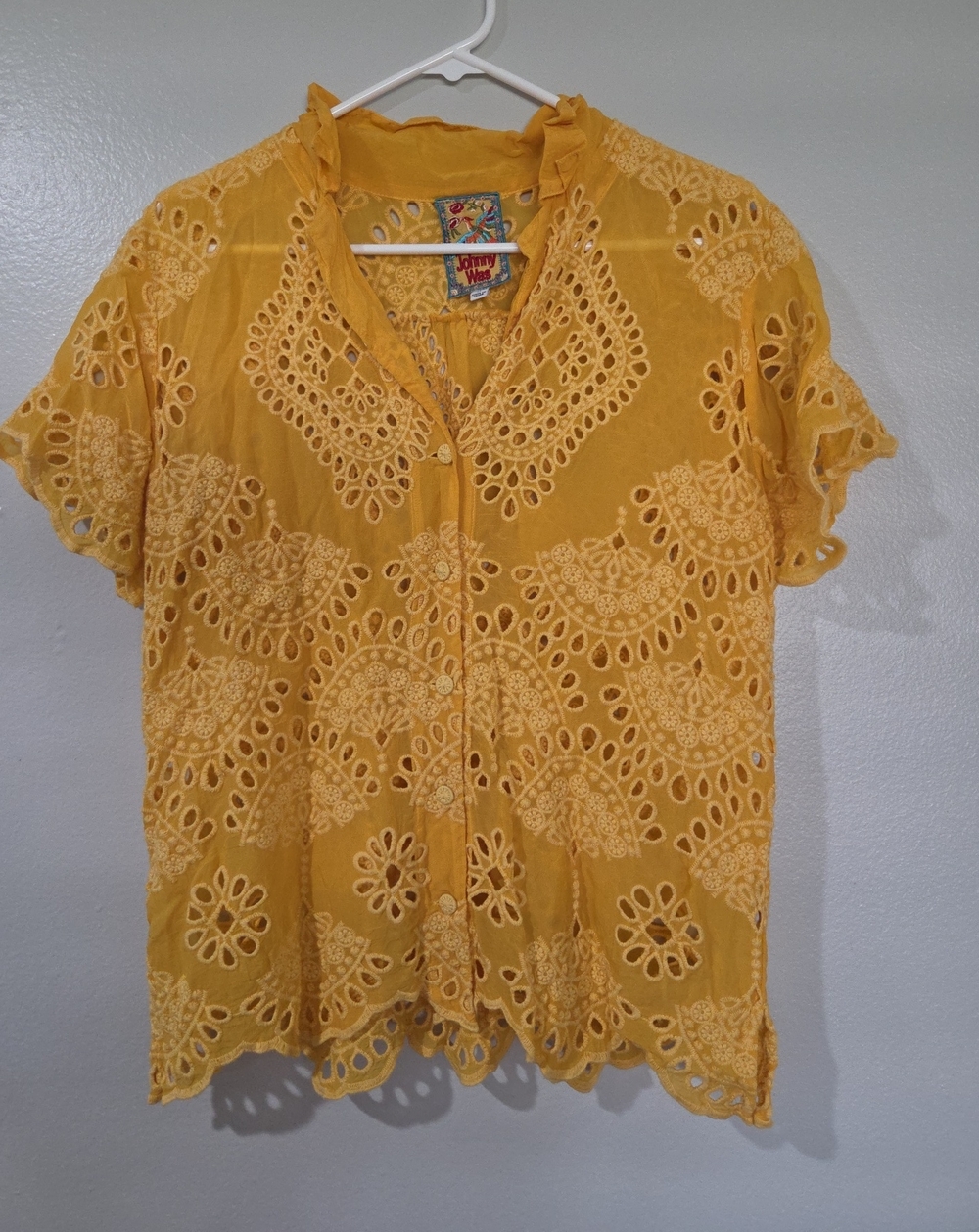 Johnny Was Yellow Eyelet Button-Front Short Sleeve Blouse